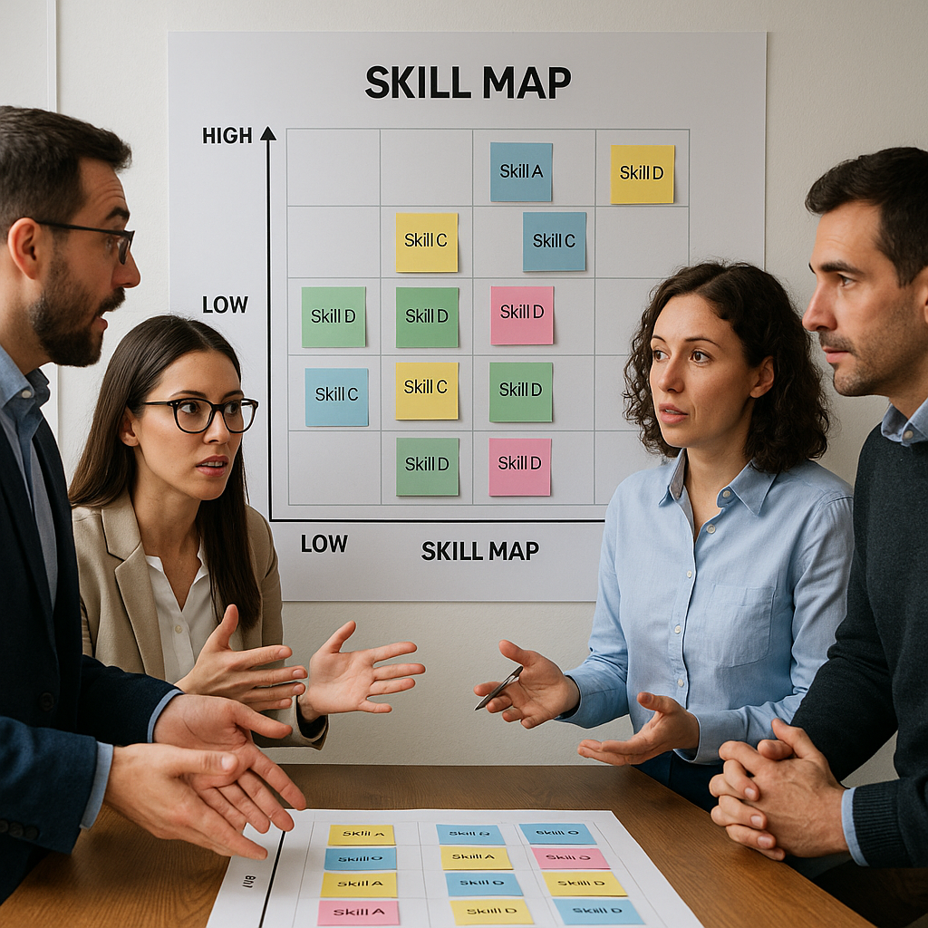 チームがスキルマップを囲んで戦略的にディスカッションしている様子を表現したイメージ