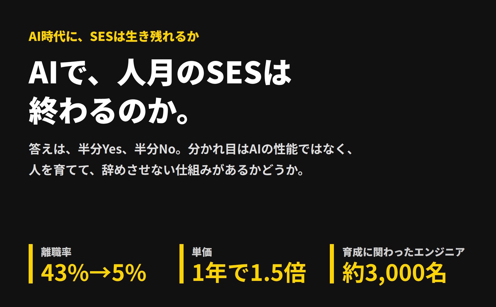 AIで、人月のSESは終わるのか。答えは半分Yes、半分No。離職率43%→5%、単価1年で1.5倍、育成に関わったエンジニア約3,000名