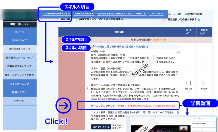 スキルマップの項目ごとに学習動画と教材が紐づく画面